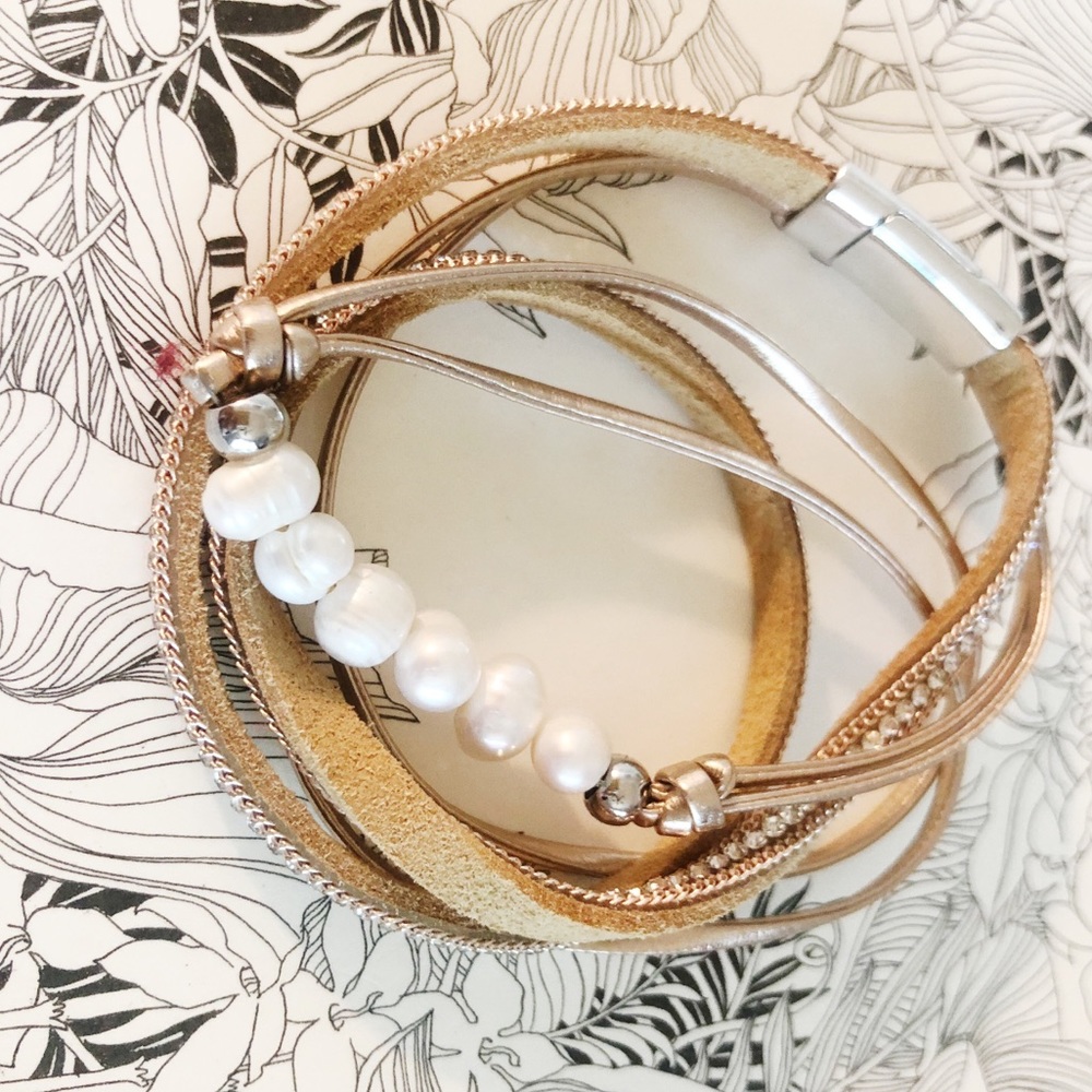 Faux Leather Magnetic Wrap Bracelet with Pearl